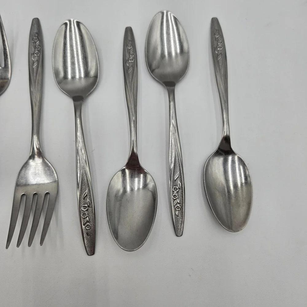Vtg Radiant‎ Rose Floral Stainless Steel Spoon and Fork Set 8 Piece